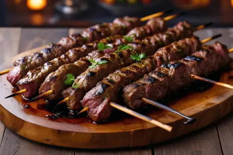 Soczyste, grillowane szaszłyki mięsne na drewnianej desce. Tak wygląda kebab w Turcji – aromatyczny, z przypieczonymi paskami i świeżą natką pietruszki.
