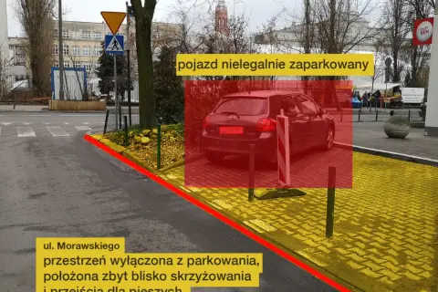 Czerwony obszar zaznacza pojazd nielegalnie zaparkowany na skrzyżowaniu, blokując przestrzeń wyłączoną z parkowania.