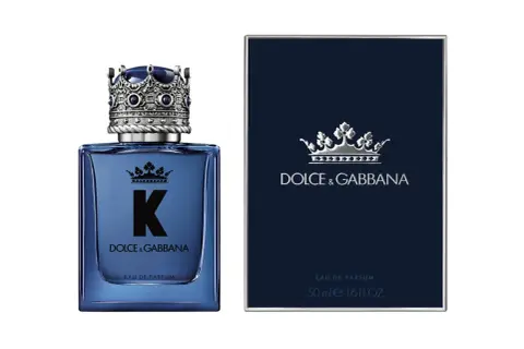 Elegancki flakon perfum Dolce & Gabbana K EDP z koroną na nakrętce i pudełko w granatowym kolorze.