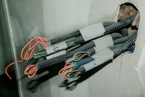 W ścianie widać wiązki przewodów w peszlach. Czy czerwony to plus, czy minus? Instalacja elektryczna w trakcie budowy.