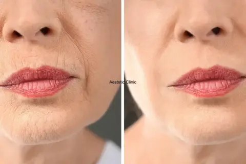 Przed i po zabiegu: głębokie zmarszczki palacza wokół ust zniknęły, skóra stała się gładsza.