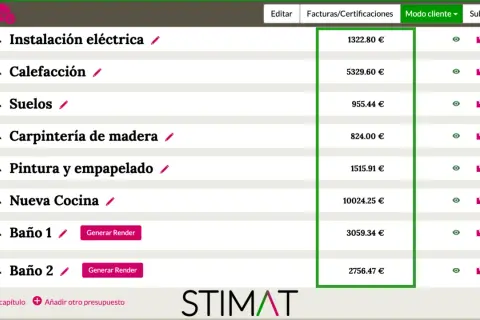 Detalle de un presupuesto de obra con partidas como instalación eléctrica, calefacción, suelos, carpintería, pintura, cocina y baños.