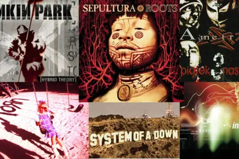 Kolaż okładek płyt Linkin Park, Sepultury, Amenrii, Korn, System of a Down i Incubus – klasyki nu metalu.