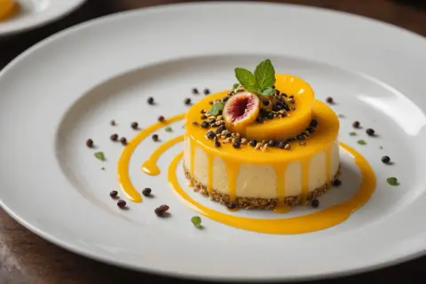 Gâteau crémeux nappé d'un coulis fruit de la passion, décoré d'une figue et de grains de chocolat.