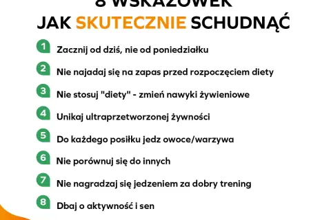 8 wskazówek jak skutecznie schudnąć: zacznij dziś, jedz owoce/warzywa, unikaj przetworzonej żywności, dbaj o aktywność i sen. To jest dobre na odchudzanie.