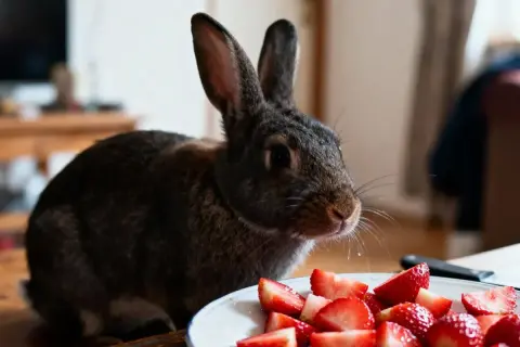Un adorable lapin gris regarde une assiette de fraises coupées. Il semble prêt à déguster ce délice fruité.