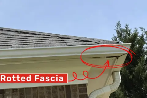 Rotted fascia board circled in red, indicating a need for fascia board replacement.