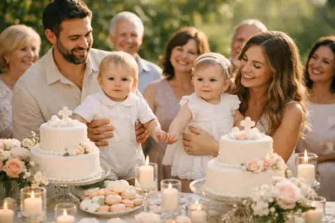 Joyeux baptême catholique pour ces adorables jumeaux, entourés de leur famille.
