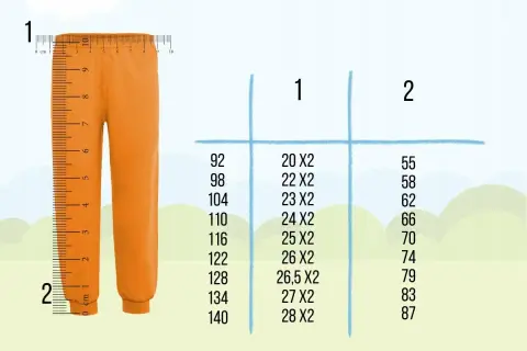 Pomarańczowe spodnie obok miarki. Tabela rozmiarów: rozmiar 110 jaki wiek? 110 cm to 24x2, 66.
