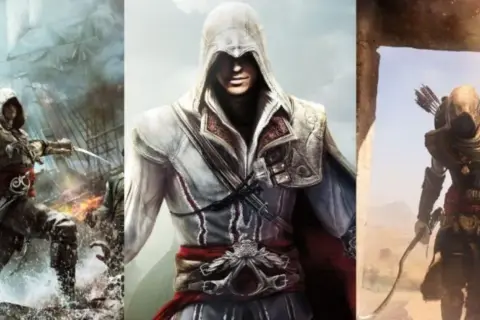 Trzy postacie z gier Assassin's Creed: pirat na morzu, asasyn w bieli i wojownik pustyni z pochodnią.