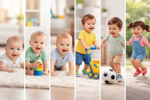 Bebés gateando, jugando con un carrito y un balón, y saltando la cuerda, mostrando el desarrollo motor.