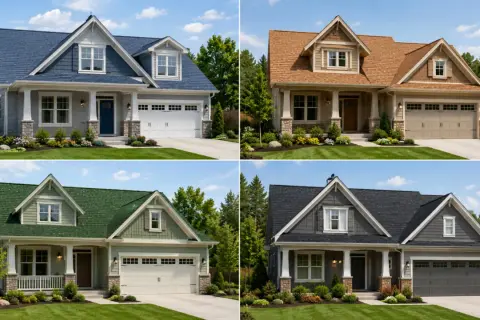 Four houses showcase different shingles colors: blue, brown, green, and dark gray.