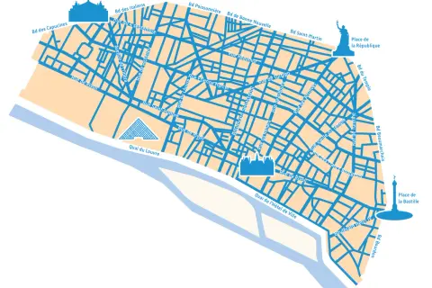 Carte stylisée de Paris, montrant le réseau routier dense de la ztl Paris, avec des icônes pour le Louvre, la Bastille et la République.