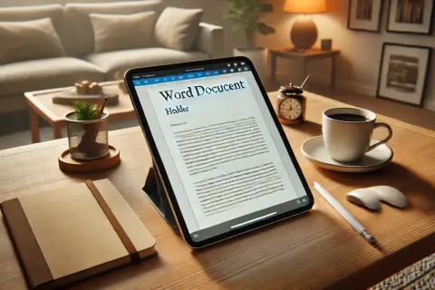 Tablet z dokumentem Word, notatnik, kawa i myszka na drewnianym biurku.