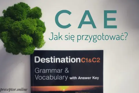 Zielona kępa mchu obok książki "Destination C1&C2 Grammar & Vocabulary" i napisu "CAE Jak się przygotować?".