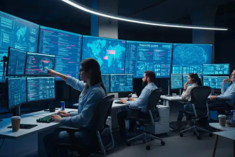 Zespół monitoruje systemy, analizując dane na wielkich ekranach. Kobieta wskazuje na zagrożenie, zastanawiając się, soc co to jest.
