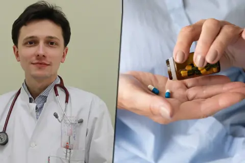 Lekarz w białym kitlu i pacjentka przyjmująca leki. Leczenie wysokiego cholesterolu.