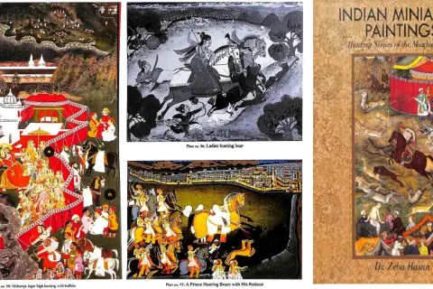 Mughal miniature paintings showcase vibrant hunting scenes, including ladies hunting boar and a prince with his retinue.