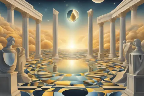 Surrealny topos: antyczne kolumny, falujące geometryczne wzory, niebo z księżycem i złotą łzą.