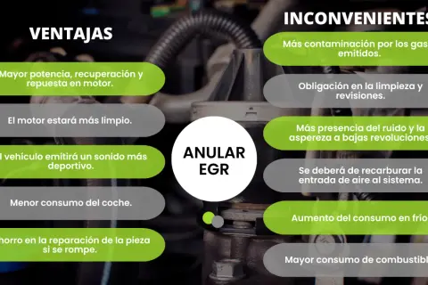 Anular EGR: ventajas como mayor potencia y ahorro, inconvenientes como más contaminación.