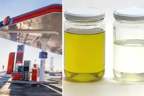 OKQ8-mack med pumpar och två burkar med vätska, en gul och en klar, som kan vara diesel.