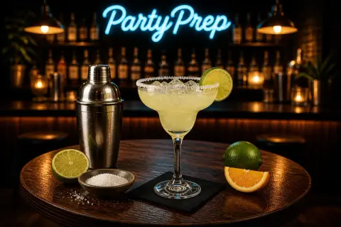 En perfekt förberedd spicy margarita med lime och salt på ett runt träbord. En shaker och mer lime finns bredvid.