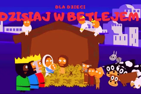 Dziś w Betlejem, golec uorkiestra śpiewa o narodzinach. W żłóbku Maryja z Jezusem, Trzej Królowie, zwierzęta i aniołki.