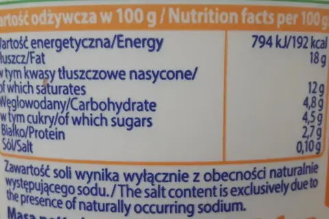 Fragment etykiety z wartościami odżywczymi: energia, tłuszcz, węglowodany, białko, sól.