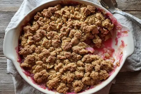 En härlig sockerfri rabarberpaj med krispigt täcke i en vit form. Perfekt för en hälsosam fika.