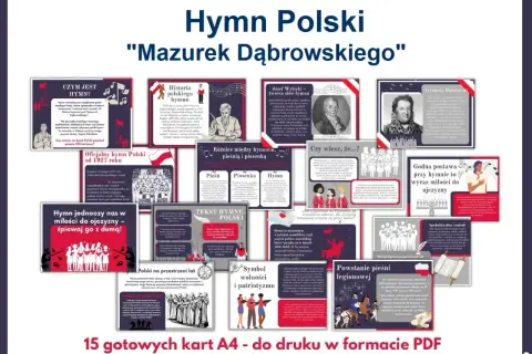 Hymn Polski "Mazurek Dąbrowskiego" - karty edukacyjne o historii, symbolice i tekście polskiego hymnu.