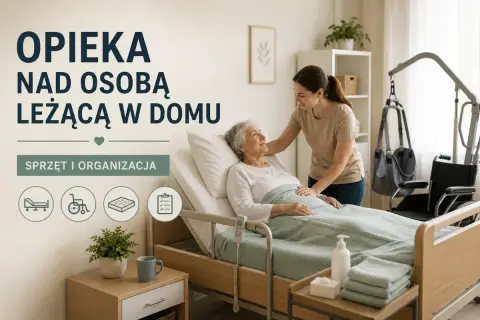 Opieka nad osobą leżącą w domu: sprzęt i organizacja. Młoda kobieta troskliwie pochyla się nad starszą panią w łóżku.