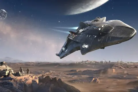 Statek kosmiczny nad planetą, dwaj astronauci i pojazd na skalistym pustkowiu. Scena jak z gier o kosmosie.
