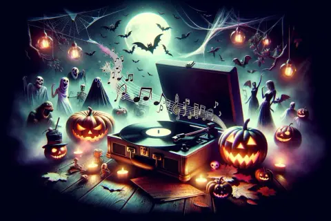 Gruselige Halloween-Musik erklingt aus einem alten Plattenspieler, umgeben von Kürbissen, Geistern und tanzenden Gestalten unter dem Vollmond.