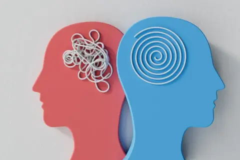 Zwei Kopfprofile: Rot mit chaotischem Garn, Blau mit Spirale. Ein Bild, um mental health verbessern.