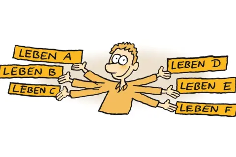 Ein Mann mit vielen Armen versucht, mehrere Leben gleichzeitig zu jonglieren. Er repräsentiert menschen, die nur an sich denken und alles kontrollieren wollen.