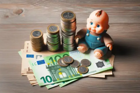 Lalka-dziecko siedzi na stosie banknotów i monet. Obrazek symbolizuje pytanie: jakie alimenty przy zarobkach 5000?