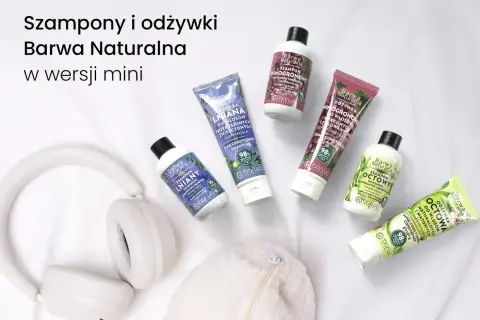 Mini kosmetyki Barwa Naturalna idealne na podróż, jak kosmetyki na lotnisku. Zestaw zawiera szampony i odżywki w małych opakowaniach.