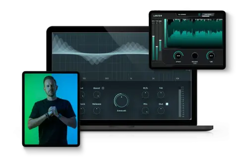 Man with hands clasped, surrounded by digital audio workstations and plugins, showcasing the best vocal plugins for music production.