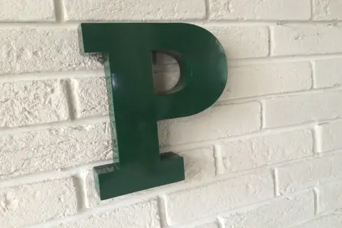 Une lettre murale verte en forme de P est fixée sur un mur de briques blanches.