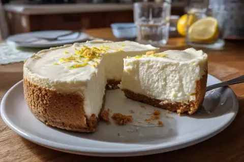 En krämig cheesecake med citronskal, perfekt för ett enkelt cheesecake recept. En bit är redan uppskuren.