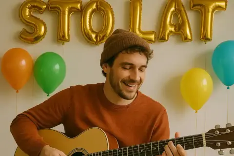 Uśmiechnięty mężczyzna gra na gitarze, a za nim złote balony tworzą napis "STO LAT". Dowiedz się, jak zagrać sto lat na gitarze.