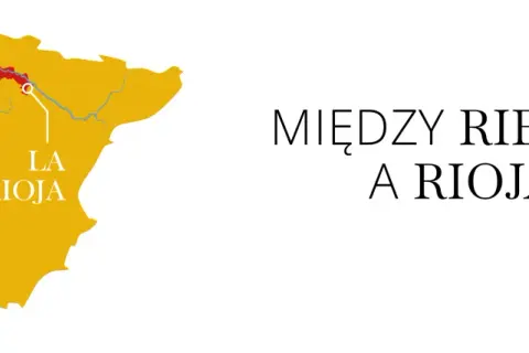 Mapa Hiszpanii z zaznaczonymi regionami winiarskimi Ribera del Duero i La Rioja. Tekst: "Między Riberą a Rioją".