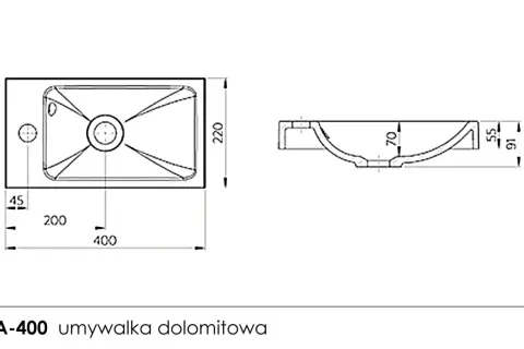Rysunek techniczny przedstawia wąska umywalka ADA-400 o wymiarach 400x220 mm, z zaznaczonymi głębokościami i szerokościami.