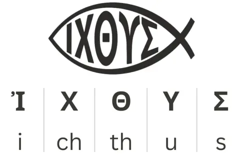 Der Ichthys, ein christliches Symbol, stellt einen Fisch dar, der die Anfangsbuchstaben von "Jesus Christus, Gottes Sohn, Retter" in Griechisch bildet.
