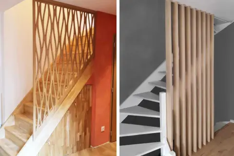 Escalier en bois avec un garde-corps ajouré en escalier claustra à gauche, et un escalier moderne avec un claustra vertical en bois à droite.