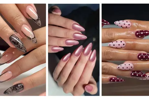 Idée ongle ballerine : trois styles élégants. French revisité avec dentelle noire, rose métallique nacré, et pois sur fond rose et bordeaux.