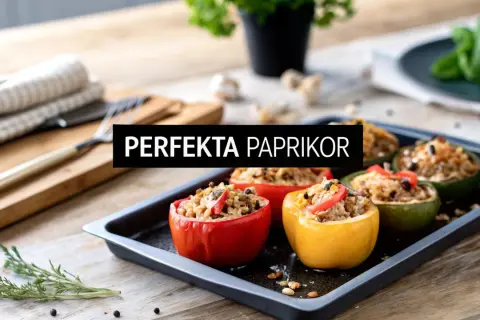 Fyllda paprikor på en plåt, redo att bakas. En härlig måltid med färgglada paprikor fyllda med en smakrik blandning.