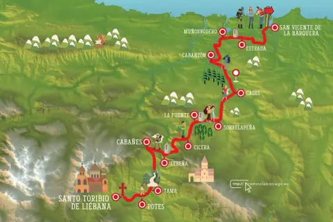 Mapa ilustrado del **camino lebaniego**, con su **dificultad** representada por el terreno montañoso y la ruta marcada.