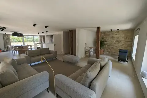 Salon moderne avec canapés gris, un pouf, un tapis, et un mur en pierre apparente rustique. Une plante verte et un fauteuil noir complètent l'espace.