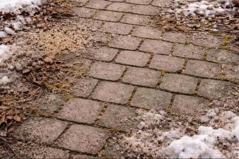 Ein Weg aus rechteckigen Pflastersteinen, der im Winter mit Schnee und Laub bedeckt ist. Die Steine sind unregelmäßig verlegt, was den Eindruck von **pflastersteine schneiden** erweckt.